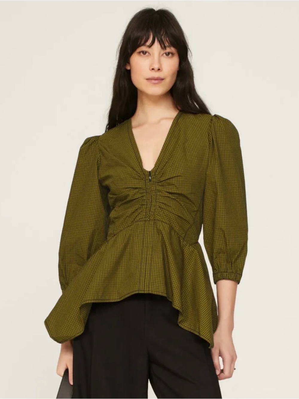 Proenza Schouler Olive Green Ruched V-Neck Peplum Blouse